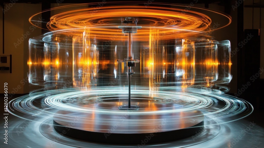Poster modern art installation with dynamic circular motion and energetic light display in contemporary gal