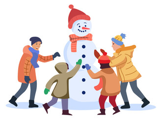 family building snowman winter activity outdoor scene parents children enjoying making together clothing colorful scarves seasonal holiday fun illustration clipart