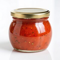 Glass Jar of Spicy Red Tomato Sauce with Herbs – Homemade Marinara or Salsa