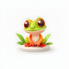 a cute frog with big eyes sitting on a small stage with some grass