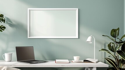 A white rectangular frame above a desk in a bedroom with a coffee cup, a laptop, and an open book beside it.   HD 8K mockup wallpaper Photographic Image