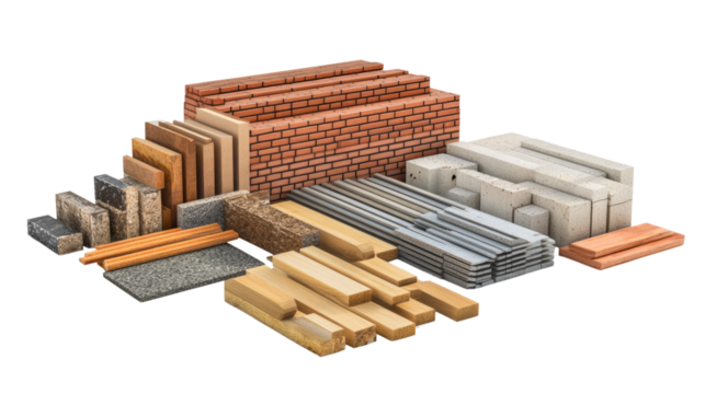 Construction Materials: A comprehensive array of construction materials, including bricks, wood, metal beams, and tiles, artfully arranged, ready for building.