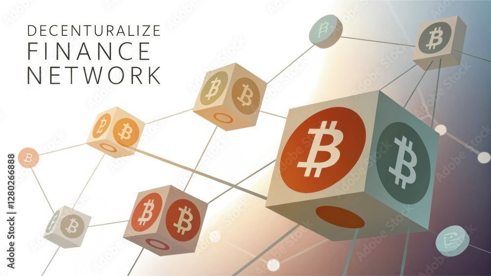Poster the image depicts a decentralized finance network featuring interconnected blocks with bitcoin symbo