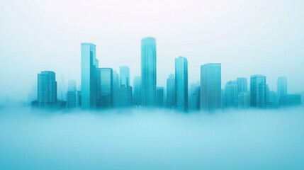 Fototapeta premium A misty skyline reveals tall buildings shrouded in fog, creating a serene and ethereal urban landscape in soft blue tones.