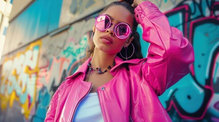 Stylish woman in pink jacket and futuristic sunglasses in urban setting