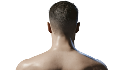 Rear View of a Man's Head and Shoulders: A clean, modern shot of a man's nape and the curve of his back, emphasizing the lines of his muscles.||man, head, shoulders, back, nape, hair, haircut, bare.