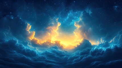 Bright, glowing light bursts through dark, stormy clouds at night, stars visible.