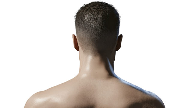 Rear View of a Man's Head and Shoulders: A clean, modern shot of a man's nape and the curve of his back, emphasizing the lines of his muscles.||man, head, shoulders, back, nape, hair, haircut, bare.