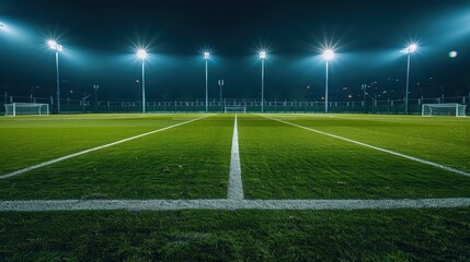Fototapeta premium Empty football field under floodlights, awaiting an exciting match.