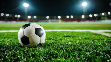 Fototapeta premium Football Field with a Ball Under Bright Stadium Lights at Night