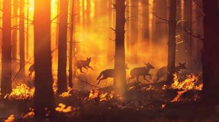 Animals fleeing from a forest fire under sunset's golden light