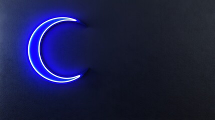 Blue Neon Crescent Moon on Dark Background