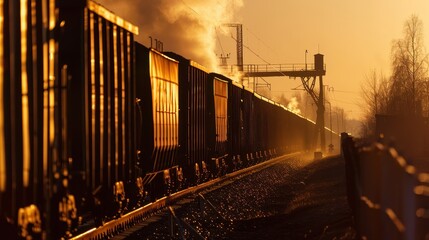 Obraz premium Freight Train Transporting Coal Bathed in Sunset Glow