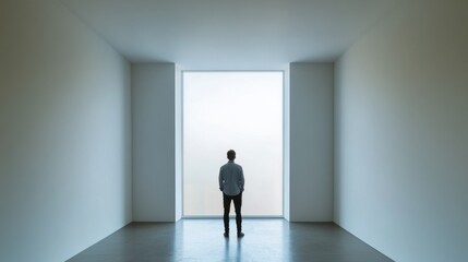 Fototapeta premium Worried user pacing in front of a window, looking outside. Featuring uncertainty and fear