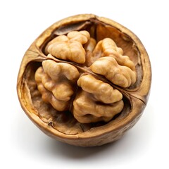 A walnut is shown in its shell, with the nutmeat visible. The walnut is brown and has a slightly wrinkled texture. Concept of simplicity and natural beauty, as the walnut is a simple