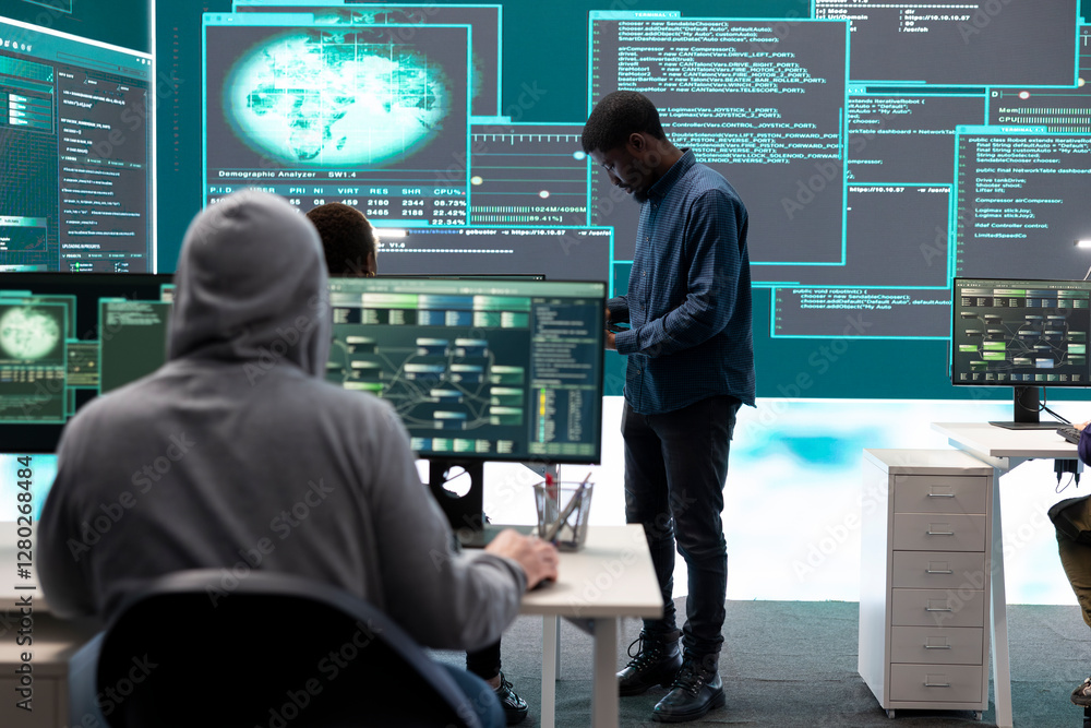 Poster governmental hackers analyzing data for cyber threat detection, looking at a big screen in high tech
