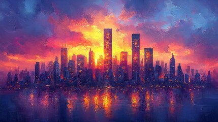 Obraz premium Sunset cityscape over water urban landscape digital art reflective environment vibrant colors impressive view