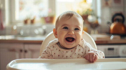 A Joyful Baby in a High Chair Enjoying Natural Daylight in the Kitchen