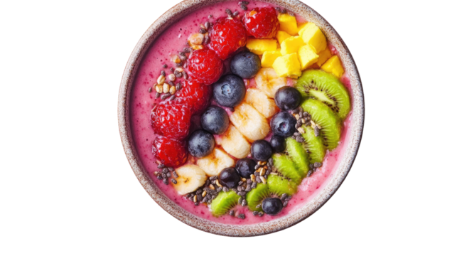 Vibrant Smoothie Bowl: A colorful and nutritious smoothie bowl is artfully arranged with a variety of fresh fruits and ingredients, promising a healthy and delicious start to the day.