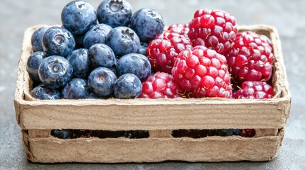 Fresh blueberries and raspberries in a box, on a grey surface, for food blogs