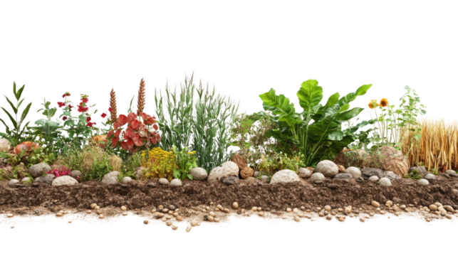 A Garden of Green: A vibrant and diverse garden scene unfolds, showcasing a rich tapestry of plants, flowers, and natural elements arranged over soil and rocks.