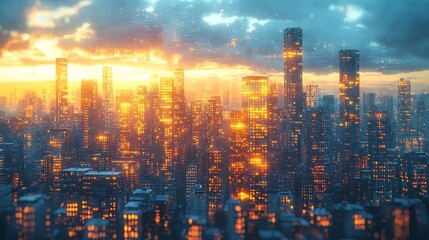 Fototapeta premium Sunset cityscape urban landscape photography metropolitan area evening light aerial view serenity