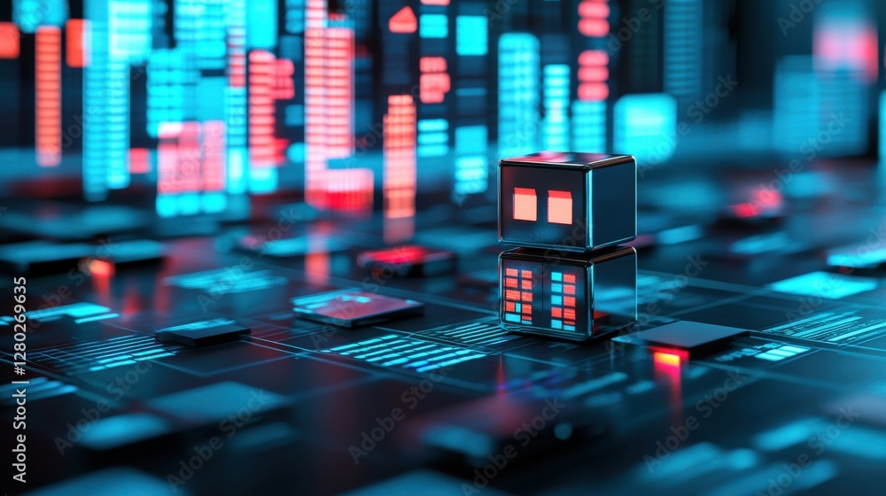 Poster futuristic urban landscape with glowing digital buildings and circuit patterns in a tech environment