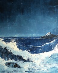Night sea waves, rocky shore, starry sky