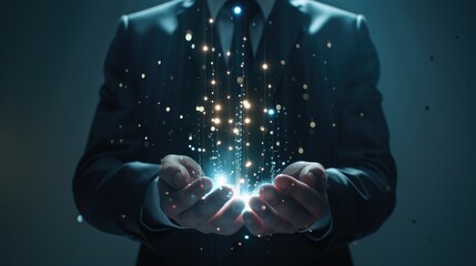 Man in Suit with Glowing Hands Representing Digital Knowledge Streams