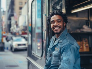 Fototapeta premium Smiling Man in Work Clothes Standing by a Food Truck