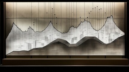 Abstract wall art depicting fluctuating data trends in a modern interior space