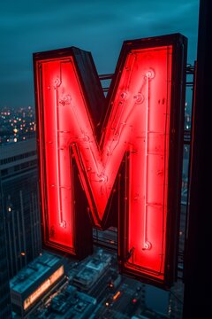Red neon letter m glowing above cityscape
