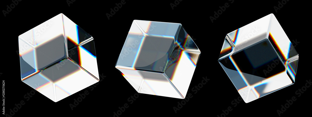 Poster 3d crystal glass cube box set with holographic gradient isolated on black background render icon. ab