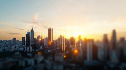 Urban skyline vibrant sunset with light streaks and buildings