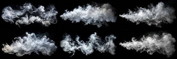 A series of smoke trails in the air, with each trail appearing to be different in size and shape. The smoke trails are white and seem to be coming from a source, possibly a fire or a smoke machine