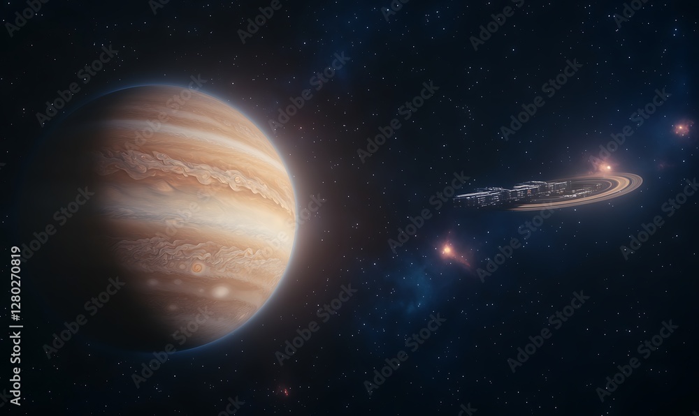 Aufkleber futuristic image of a gigantic space station orbiting a gas giant planet in deep space.