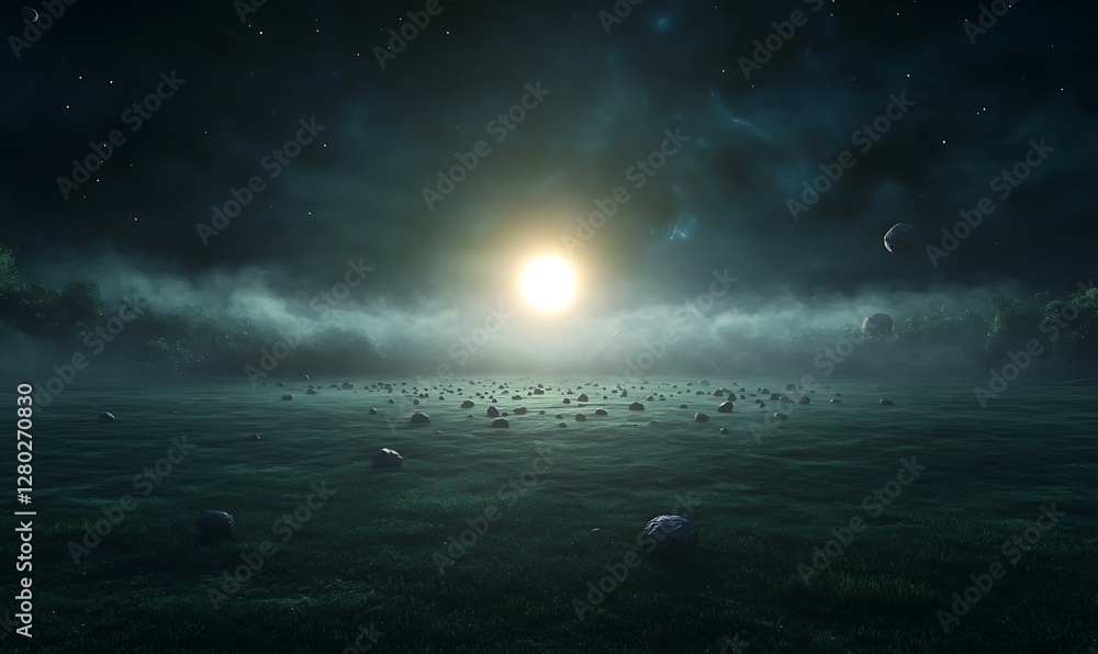 Poster a stunning image of a gigantic asteroid belt floating in the depths of space, showcasing cosmic beau