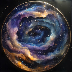 A colorful galaxy swirl with stars and cosmic elements in a circular design.