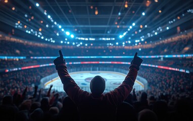 A passionate hockey fan raises their arms in excitement, celebrating in a crowded arena with bright lights and an intense atmosphere.  
