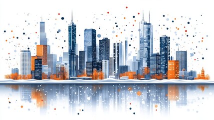Urban landscape vector illustration showcasing contemporary cityscape reflected in water with abstract architectural design and vibrant palettes
