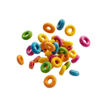 Colorful fruit loops and cereal rings float in the air, isolated on a transparent background