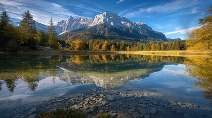 Obraz premium Mountain Reflection in a Crystal Clear Alpine Lake at Sunrise