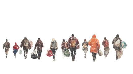 Fototapeta premium Silent March: A group of people, their backs turned, walk purposefully with bags.