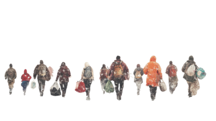 Silent March: A group of people, their backs turned, walk purposefully with bags.