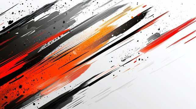Abstract dynamic orange, black, and grey brushstrokes on white background.