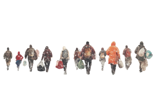 Silent March: A group of people, their backs turned, walk purposefully with bags.