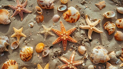 A Vibrant Collection of Starfish and Shells on a Sandy Shore