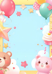 A colorful, playful border design featuring cute bears, balloons, and sweets.
