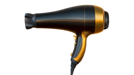 Modern Hair Dryer: Sleek, modern hair dryer with a black and gold design, isolated on a clean backdrop. Perfect for beauty, salon, and personal care themes.