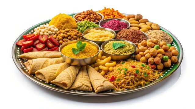 Savory Gujarati snack platter: namkeen, chivda, and bhel puri &acirc;&euro;&ldquo; a delightful taste of India.